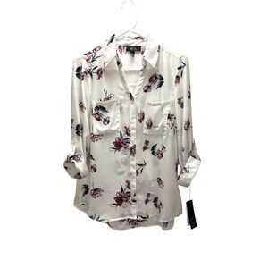 New BCX Floral Button-Down Blouse‎ With Roll-Up Sleeves Medium White Pink Sheer